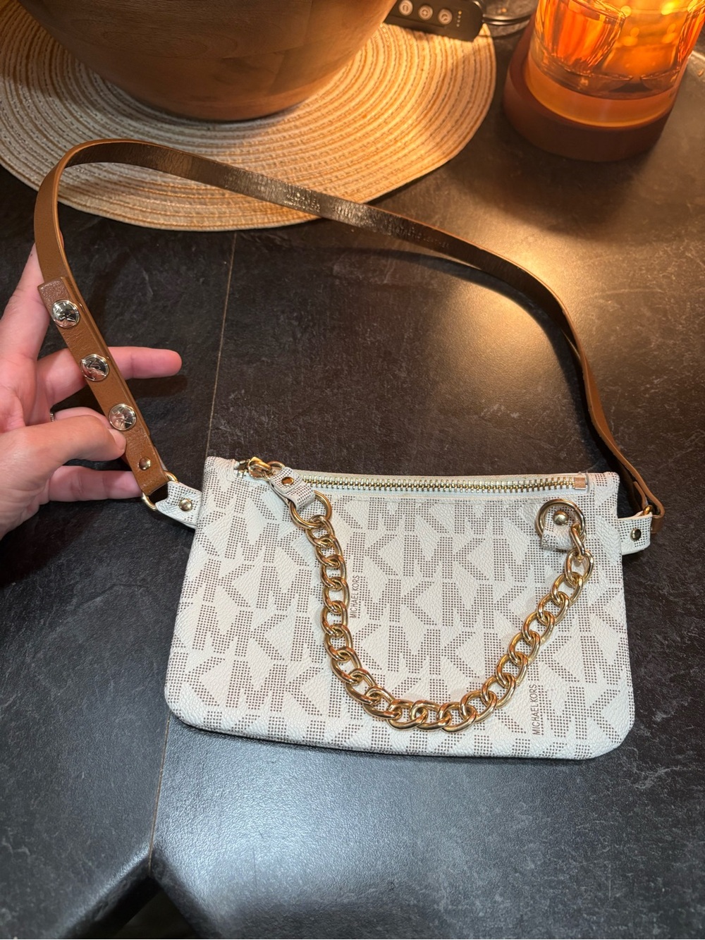 Michael Kors White Logo with Gold Chain and Brown Strap belt bag